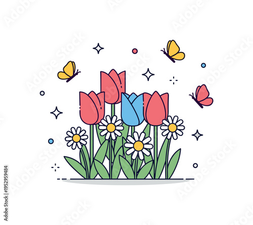 Backyard flower garden with a cluster of blooming tulips and daisies surrounded by fluttering butterflies and tiny spark accents. A cheerful symbol of seasonal