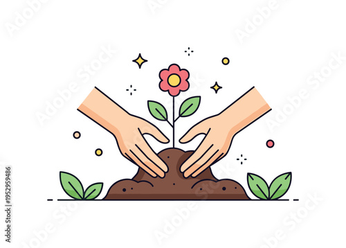 Planting seasonal flowers in garden bed shown as hands placing a young plant into soft soil, expressing renewal and anticipation of blooms. Subtle sparkle and