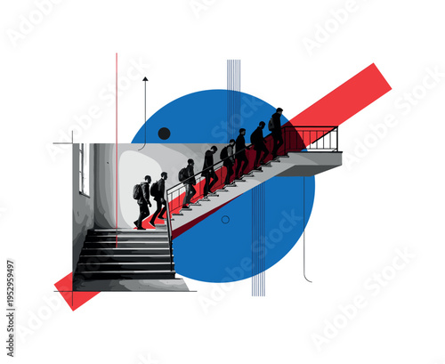 Black and white staircase inside abandoned building with group ascending together, bold blue circular backdrop and red diagonal accent suggesting upward