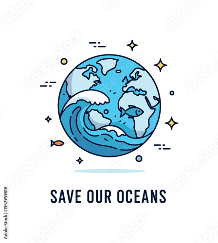 Earth protection ocean conservation theme with a globe partly filled by a wave shape and a tiny fish silhouette, highlighting marine ecosystems and responsible