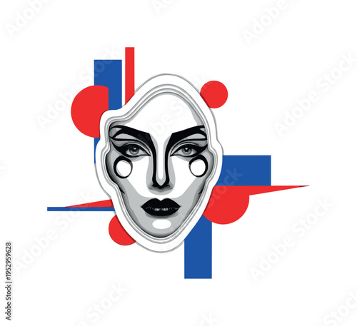 Black and white retro female face with dramatic theatrical costume makeup, bold exaggerated eyeliner and graphic shapes, surrounded by abstract red and cobalt