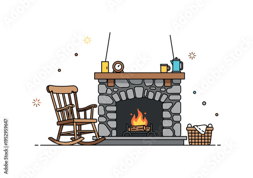 Country cottage fireplace corner visualized through a stone fireplace with vintage rocking chair and small woven basket nearby, expressing comfort and old