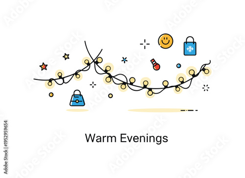 Warm lighting festive home decor concept centered on a string of small glowing lights arranged in a gentle curve, symbolizing celebration and joyful