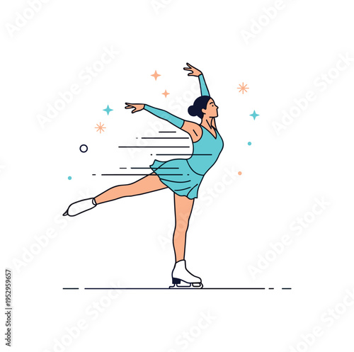 Figure skating performance featuring a poised skater mid spin with subtle motion lines and tiny sparkle accents, conveying elegance, precision, and artistic