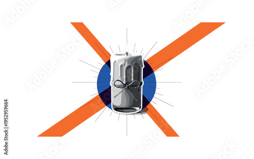 Black and white handmade candle with visible wax drips and simple twine bow, bold cobalt blue circle anchoring center, sharp orange diagonal stripe