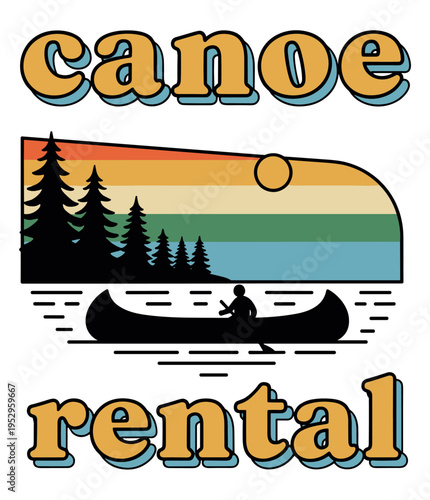 Canoe rental with mountain and forest backdrop illustration — outdoor adventure, nature tourism and visual design for social media, branding and educational purposes in lifestyle, community and creati