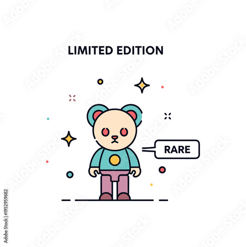 Limited edition vinyl toy release illustrated with a single highlighted figurine surrounded by subtle star accents and a small label Rare, expressing