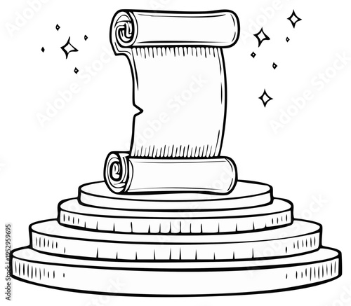 Hand drawn magical empty scroll on a pedestal black and white illustration