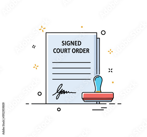 Signed court order illustration featuring a document with visible signature line and small stamp icon symbolizing validation and enforceable decision. Balanced