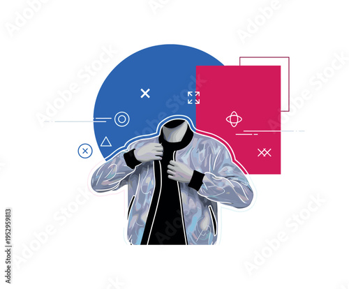 Black and white influencer adjusting digital holographic jacket, oversized cobalt blue sun circle behind upper body, magenta red geometric block offset