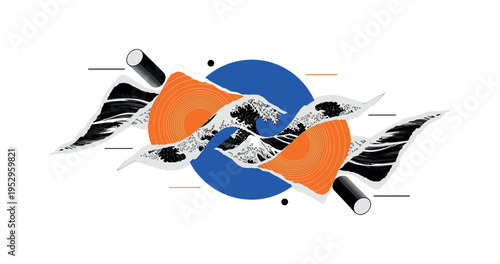 Black and white fragmented wave shapes arranged like torn paper layers, bold blue halo behind the center and orange concentric arcs radiating outward from the