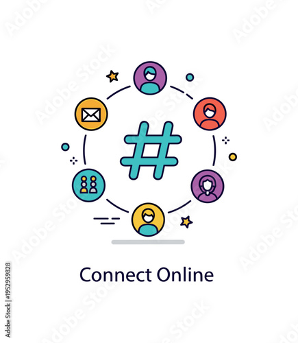 Event hashtags corporate networking idea featuring a hashtag integrated with small profile icons arranged in a circle, expressing professional connection and