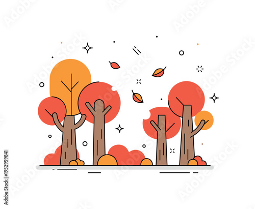 Autumn forest scene displaying simplified tree trunks with rounded orange and red foliage, expressing seasonal change and warmth. A few falling leaves provide