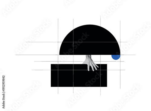 Black and white hand reaching upward toward abstract circular light, large warm burnt orange halo intersecting the fingertips, deep green horizontal bar