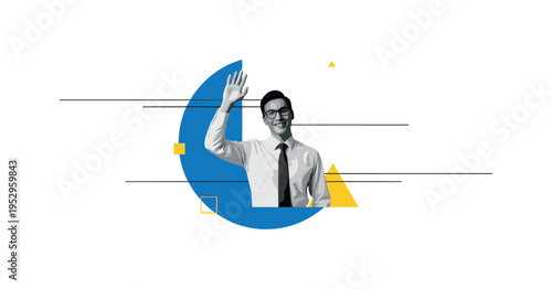 black and white office worker waving hand in greeting, oversized abstract semicircle in blue framing the upper body, minimal yellow geometric accents and thin