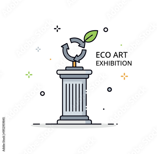 Eco art exhibition featuring a pedestal with a small recycled metal sculpture and subtle leaf accent, conveying environmental messaging and contemporary