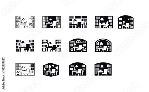 A bookish-themed home office with shelves of books. Icon set. Set Logo of A bookish-themed home office with shelves of books: bookshelf. harmonious logo