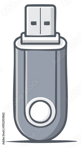 Vector cartoon illustration of a silver USB flash drive with a cap
