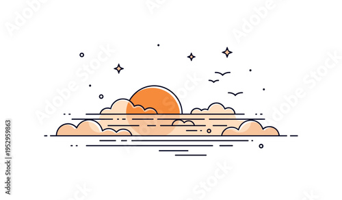 Sunset sky glowing horizon with a large warm sun half hidden behind soft layered clouds, expressing calm transition from day to evening. A compact visual