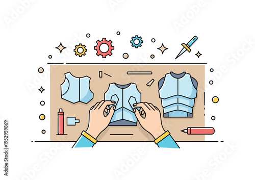 Crafting cosplay armor detail shown as hands assembling lightweight costume pieces on a worktable, expressing precision and DIY enthusiasm. A cohesive badge