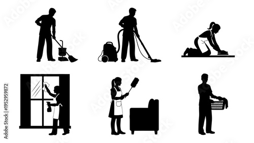 Silhouette set of professional cleaners and housekeepers performing domestic chores for janitorial service and home maintenance concept