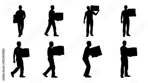 Delivery man silhouettes carrying cardboard boxes for logistics shipping and moving service concept