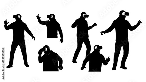 Silhouettes of people wearing virtual reality headsets interacting in the metaverse for technology and gaming concepts