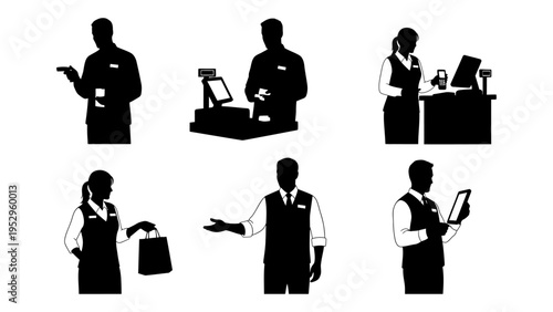 Retail worker silhouettes set showing cashier service and customer assistance for business and shopping concepts