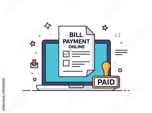 Bill payment online laptop screen with a checklist and small paid stamp icon, symbolizing organized digital bill management and timely payments. Minimalist