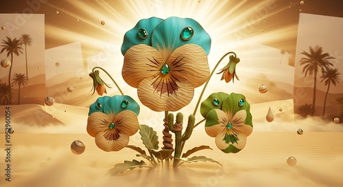 3D render of pansy flowers with gemstone centers in a surreal desert landscape