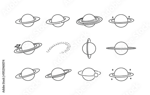 Saturn Inspired Ring Systems. Minimalistic set one-line drawing planet with bold rings, planet with broken ring segment, planet with multiple ring layers,