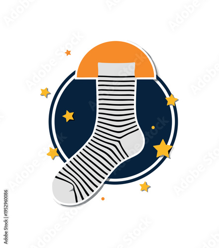 Black and white single striped sock stretched vertically like a banner, vivid orange semicircle anchoring the top, deep navy circular frame element behind,