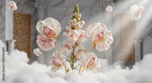 3D render of delicate white snapdragons with pink jewel centers floating in clouds with ornate columns and golden screens