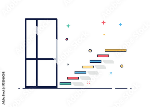 Contemporary loft staircase open floating steps beside a tall window silhouette with light beam detail, conveying urban living and airy space aesthetics.