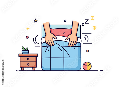 Tucking in blankets scene showing hands adjusting a quilt with subtle motion lines and a small nightstand nearby, expressing warmth, care, and final touch