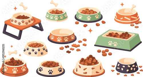 Set of pet food bowls with dry kibble and bones, colorful dog feeding dishes collection isolated on white background