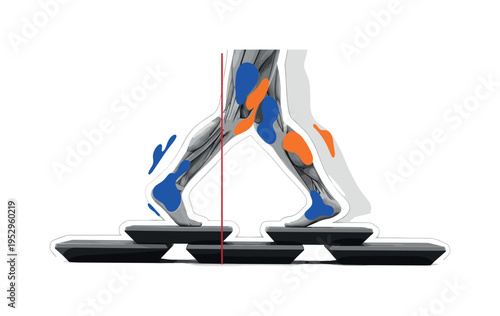 black and white human leg in motion stepping onto geometric platform blocks, blue and orange abstract shapes indicating muscle activation, thin red line