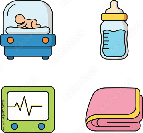 Flat vector illustration of neonatal care set featuring a baby incubator feeding bottle heart monitor and blanket.