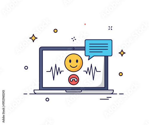 Video call communication centered on a laptop screen with a friendly face icon and subtle sound wave lines, expressing connection, clarity, and real time