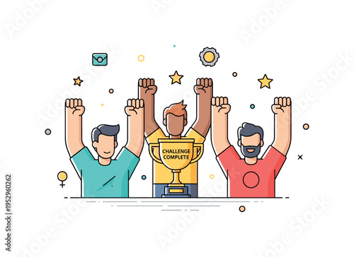 Celebrating fitness milestone friends raising arms beside a small trophy labeled Challenge Complete, conveying accomplishment, camaraderie and
