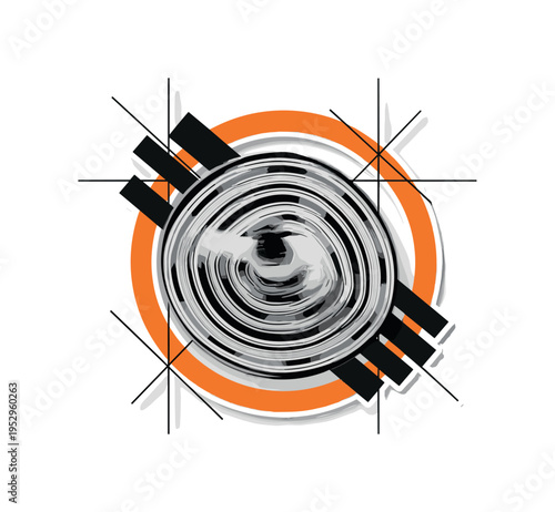 Top-down view of black and white dancer?s patterned traditional skirt captured in motion, bold orange ring shape framing the spinning fabric, intersecting