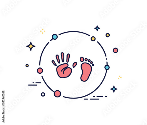 Family memory keepsake design featuring a tiny handprint paired with small footprints in a rounded frame, symbolizing a treasured developmental milestone. The