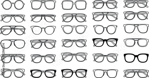 Set of eyeglasses frames in different shapes, outline optical glasses collection for vision accessories isolated on white background vector