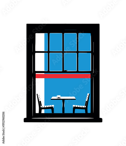 Black and white window frame silhouette with small cafe table visible inside, bright blue rectangle defining interior space, thin red horizontal stripe across