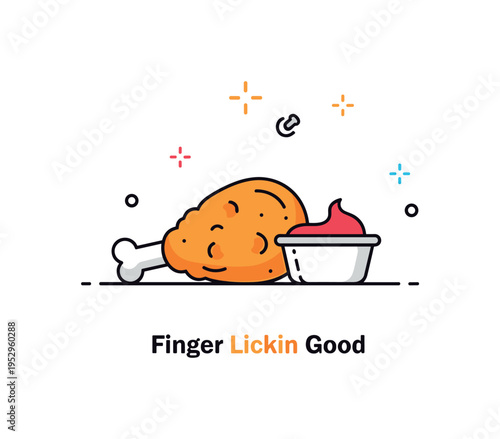 Crispy fried chicken fast food combo scene featuring a crunchy chicken piece beside a small dipping sauce cup and minimal spark accents, expressing bold flavor
