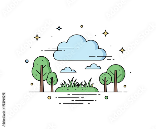 Morning mist in glade soft cloud shape hovering lightly above central grass patch between trees, expressing calm dawn atmosphere and natural stillness.