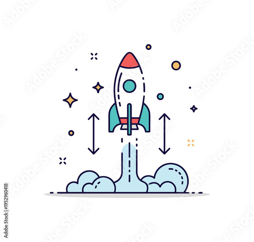 Reusable launch vehicle innovation concept featuring a rocket icon descending with gentle arrow markers indicating controlled landing. The composition conveys