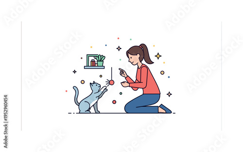 Pet playtime at home centered on a cat reaching toward a dangling toy while the owner kneels nearby, expressing interaction and playful engagement. The compact