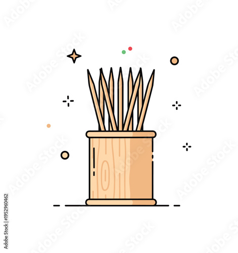 Wooden toothpick stand small handcrafted holder carved from light wood with evenly spaced sticks arranged upright, conveying natural materials and simple