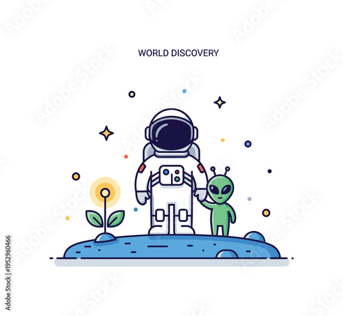 Alien world discovery astronaut and small alien figure standing together near a glowing plant on a distant planet surface, symbolizing cooperation and shared